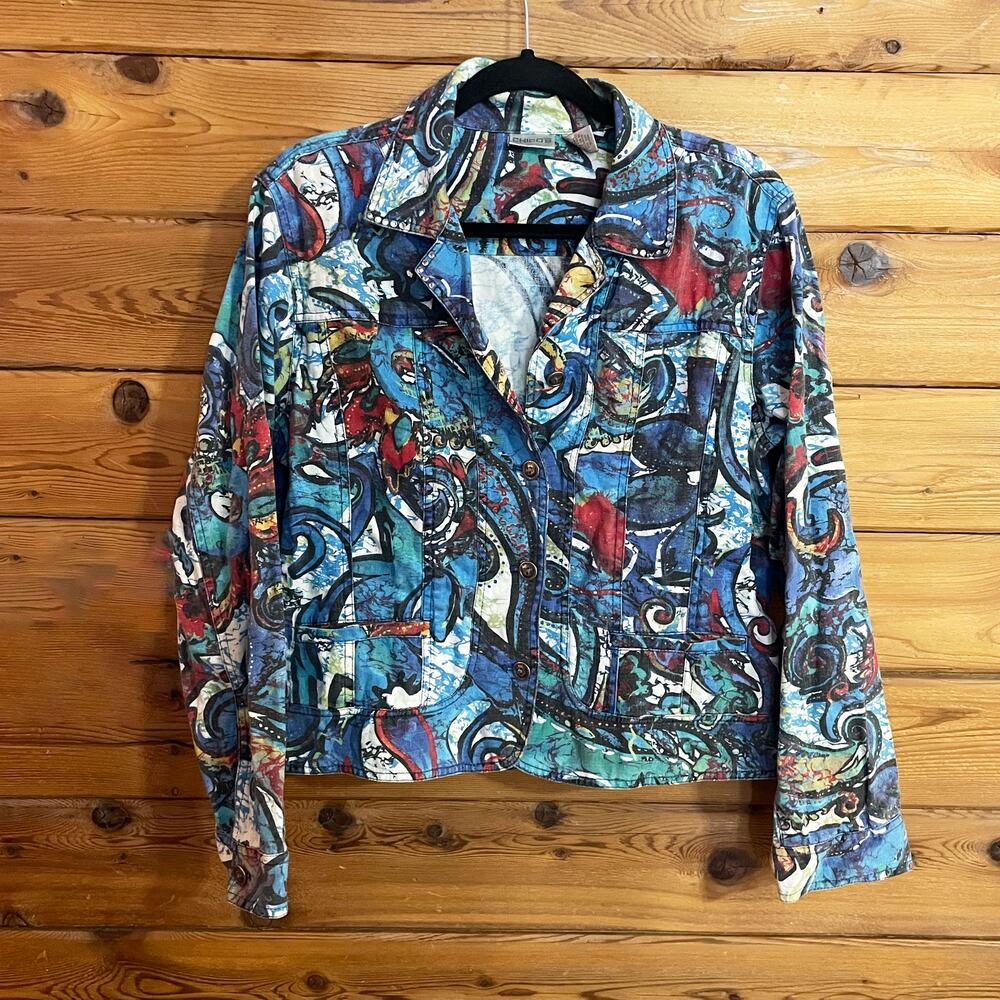 Chicos Cotton Linen Jacket Blue White Multicolor Pattern Size Large